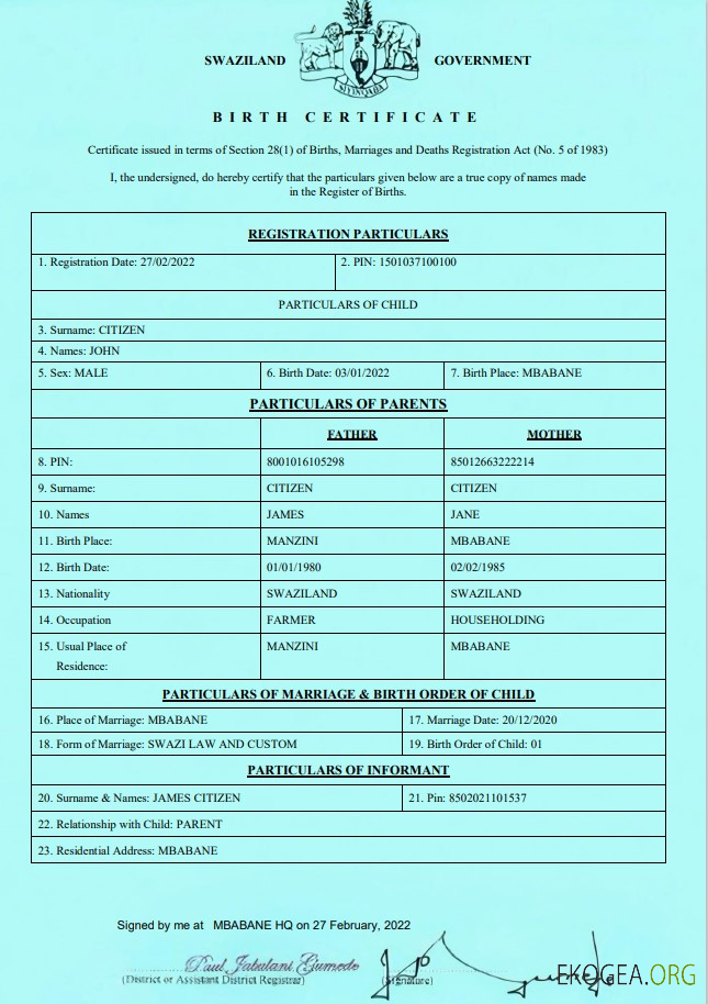 Modèle d'acte de naissance au Swaziland au format Word et PDFModèle d'acte de naissance au Swaziland au format Word et PDF